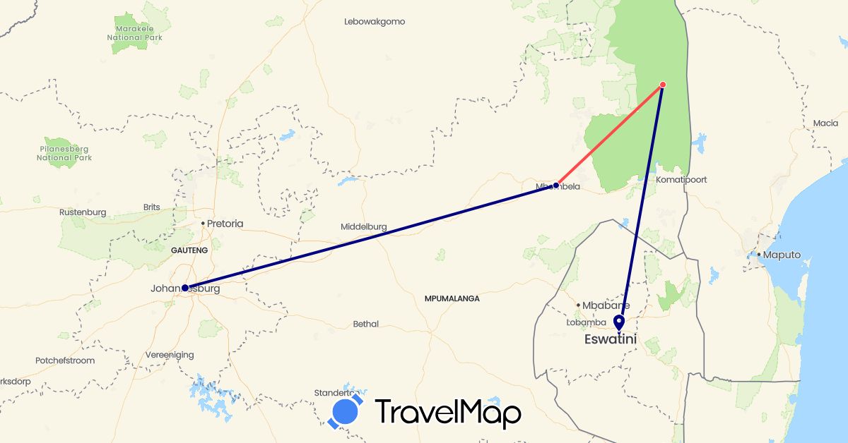 TravelMap itinerary: driving, hiking in Swaziland, South Africa (Africa)